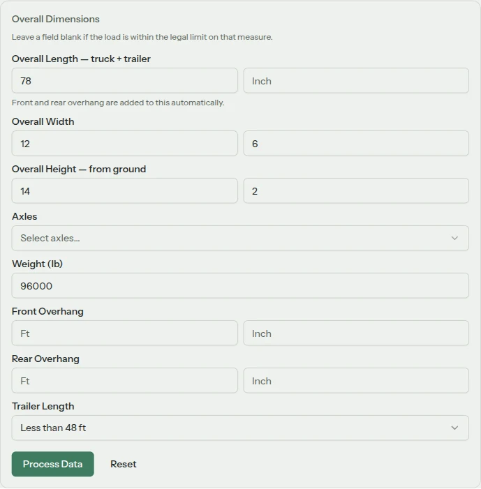 The overall dimensions form of the Permit Estimator, with the length, width, height, axle count, weight and overhangs of a truck and trailer