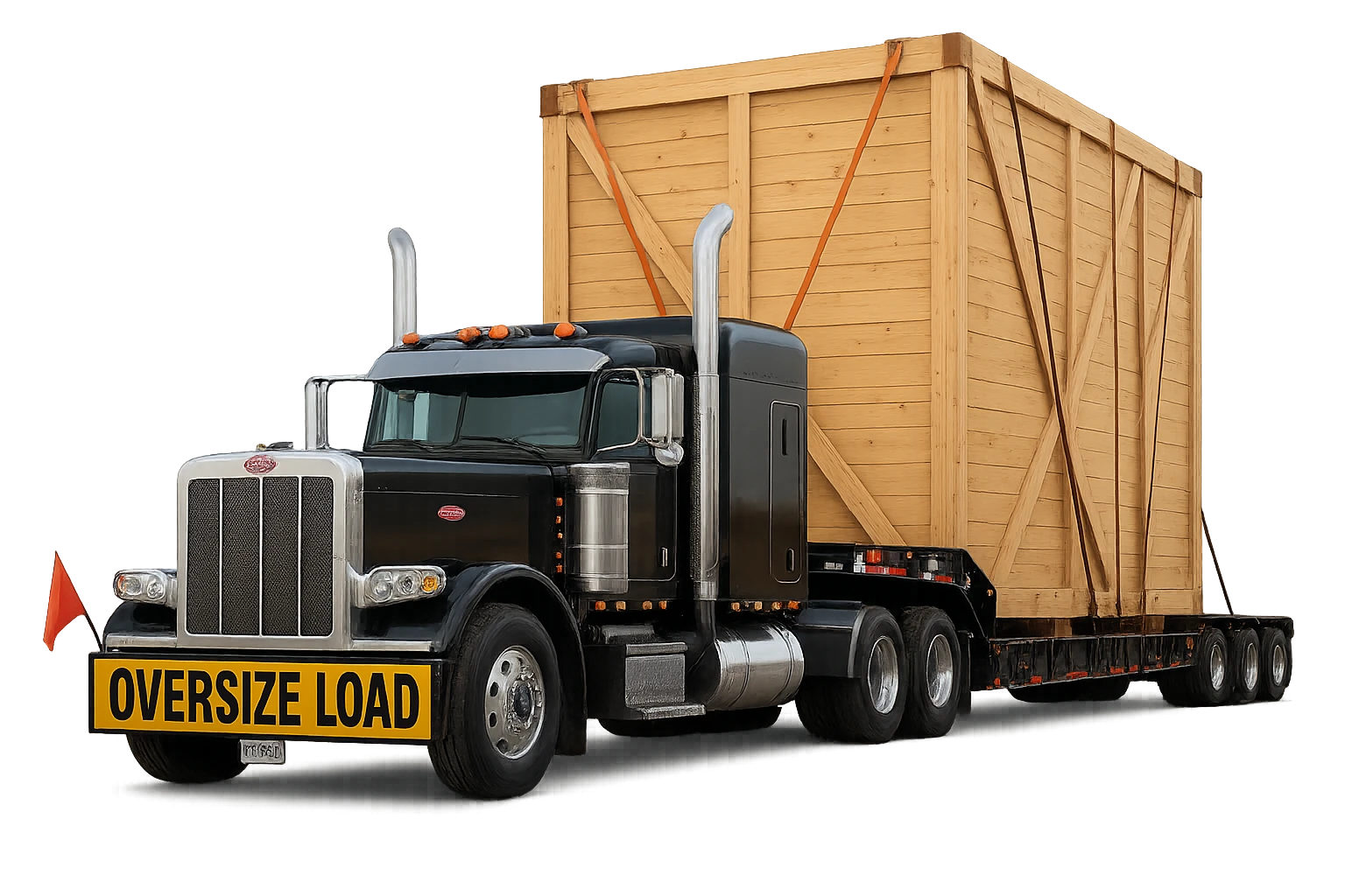 A heavy haul tractor pulling an oversize load on a flatbed trailer
