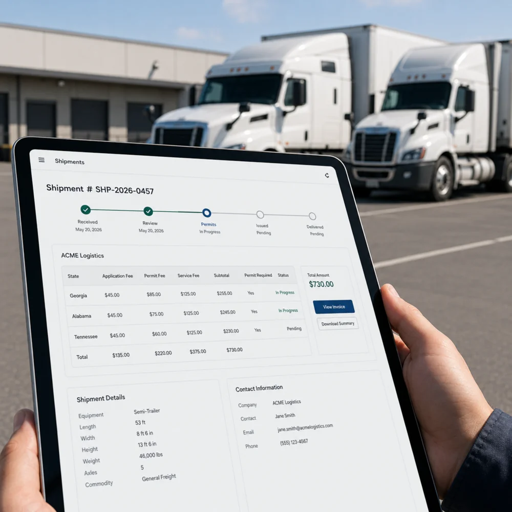 A tablet showing a shipment in the Cran Permits dashboard in front of two trucks, with the permit progress, the per-state fee breakdown and the load dimensions